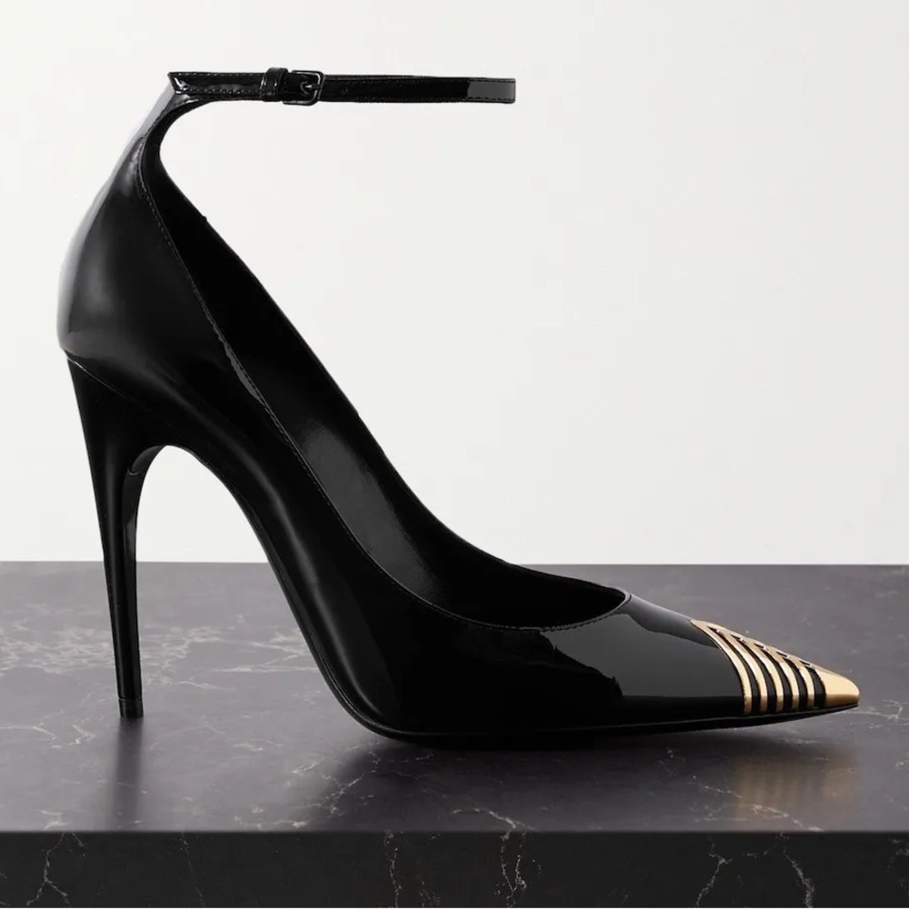 Saint Laurent Black Patent Leather Newton Ankle-Strap Pumps Size 38.5
